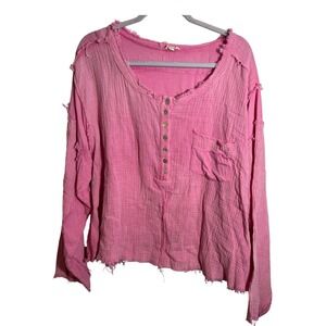 POL Pink Cotton Gauze Raw Hem Henley Top Size Large Oversized